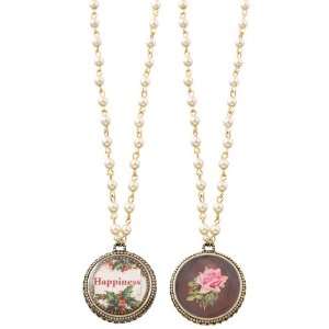 Michal Negrin Pearl Necklace with 2 Sided Round Pendant with Happiness 