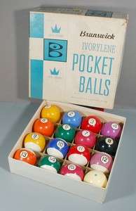 Vintage Brunswick Ivorylene Pool Balls and Box (Set U)  