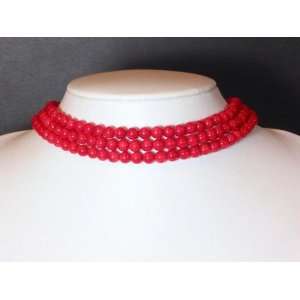 Necklace 3 Strands Red Coral Bead Choker  Sports 