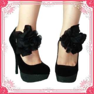   Black Velvet Stiletto Platform Flower Round Toe Pumps (Onyx18) Shoes