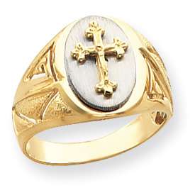 14k solid yellow gold Two Tone Etched Design Cross on Top Mens Ring