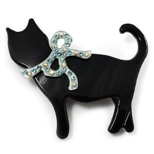  Cat With Crystal Bow Plastic Brooch (Black & Pale Green 
