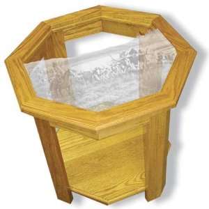 Oak Glass Top End Table With Cattle Drive Etched Glass   Cattle Drive 