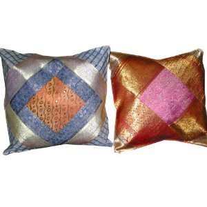 2 AirForce Blue Cushion Covers Orange Vintage Silk Sari 
