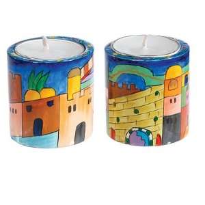 Small Round Jerusalem Hand painted Shabbat Candlestick Holders by Yair 