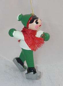 Vtg Wooden Ice Skater Christmas Ornament Green Red 2  