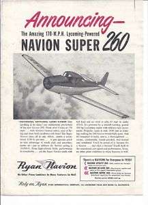 RARE 1950 Ryan Navion Super 260 Lycoming Plane Ad  
