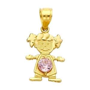 14K Yellow Gold October CZ Birthstone Girl Charm Pendant for Baby and 