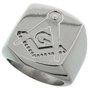 Stainless Steel Masonic Compass Signet Ring 13/16 in. (21mm) wide 