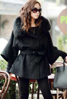Frauen Pelzkragen Cashmere Black Wool Coat  