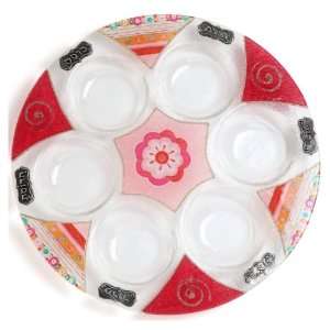 Glass Seder Plate with Pink and Red Triangles, Metal Plaques and 
