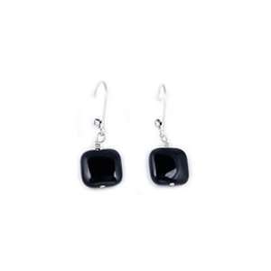 Smoothed Square Onyx Dangle Earrings On Silver Lever back 