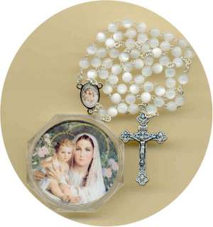 Childs Madonna of the Lilies Simulated Pearls Rosary  
