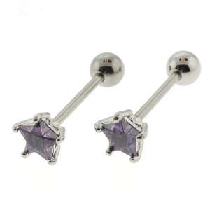 Tongue Barbell with Purple, Star Shaped CZ, 5 Prong Set, 8mm Gem   14G 