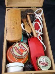 Vintage Wooden Shoe Shine Box Polisher Brushes Extras  
