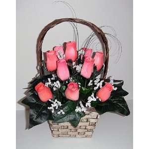   Square Basket w/Handle of Scented Wood Roses in Coral 