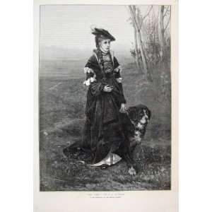  1874 Woman Dog Country Scene Walking Antique Fine Art 