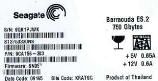 SEAGATE ST3750330NS 750GB P/N 9CA156 303 F/W SN05 KRATSG 