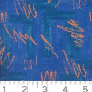  45 Wide Harmony Scribblings Blue/Orange Fabric By The 