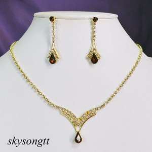 Swarovski Brown Clear Crystal Rhinestone Bridal Necklace Earrings Set 