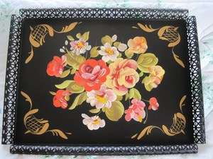  Near Mint Hand Painted Black Tole Tray   Curled Openwork Rim  