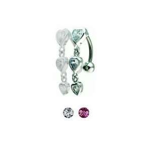 Dangled Belly Ring with 3 Rose Crystal Hearts   14g (1.6mm 