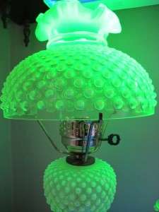   Vaseline Glass Hobnail Opalescent Table Hurricane Lamp MINT  