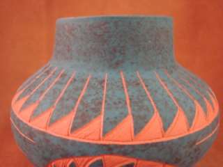Acoma Indian Pottery, Turquoise Hand Etched Pot by J S Lewis Stunning 