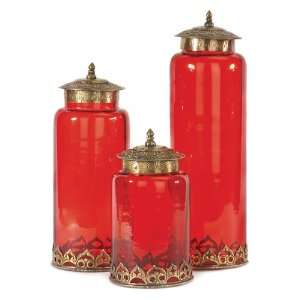 Set of 3 Decorative Contemporary Persian Red Lidded Canisters  