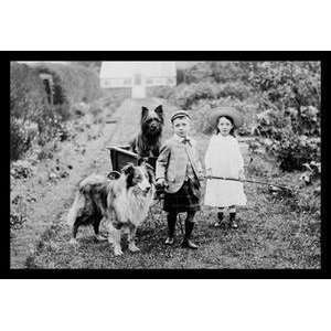 Vintage Art Boy and Girls with Two Dogs and a Wagon 