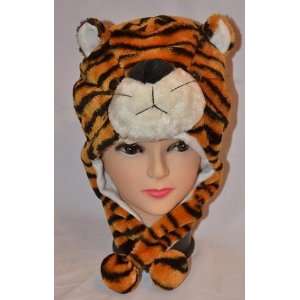  Plush Tiger Beanie Hat with Poms 