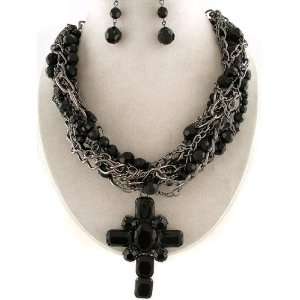 Extra Large Black Cross Layered Black Bead Statement Pendant Necklace 