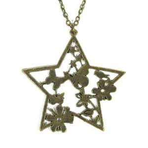 Floral Star Necklace Vintage Gold Butterfly Charm Retro Flower Pendant 