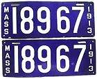 1913 Massachusetts porcelain car license plate, plates PAIR ORIGINAL