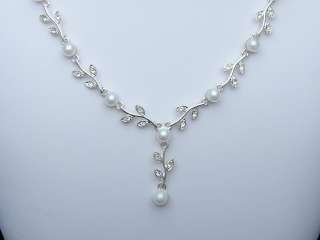 Bridal Wedding Prom Rhinestone Crystal Pearl Necklace Earrings Set 
