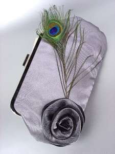 Chic Gray Satin Flower Bouquet Peacock Feather Clutch Evening Purse 