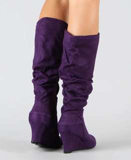   Slouchy Medium Wedge Heel Calf Knee High Boots Red Purple Black  