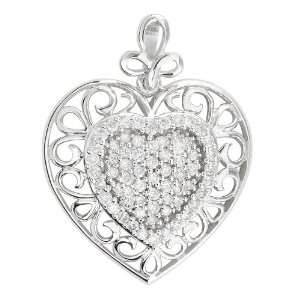 Ornate heart pendant set with micro pave round diamonds in a 14K white 