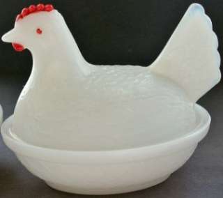 Collector Pair VTG Hen Rooster Milk Glass Candy Dish Set Nest White 