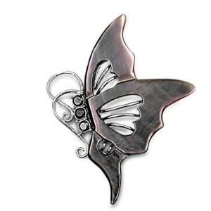 Sterling Silver Mother of Pearl Shell & Black Onyx Butterfly Pendant
