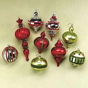Set of 9 Large Plastic Red & Green Flocked Ornaments Finial Round 