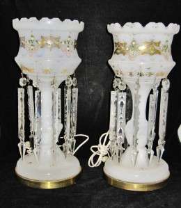 Pair of Antique Milk Glass Lustre Luster Lamps, with 10 Prisms Each 