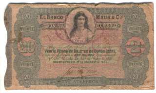 URUGUAY NOTE BANCO MAUA $20 1871 COUNTERSTAMPED F+  
