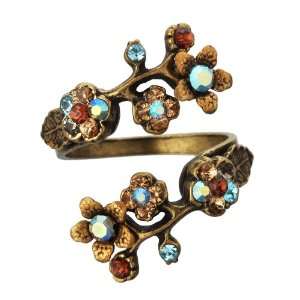 Michal Negrin Wrap Ring with Hand Painted Flowers, Leaves, Blue and 