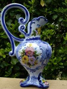   REPRODUCTION PORTUGUESE MAJOLICA HAND PAINTED PITCHER/VASE FLOWERS