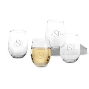   Four Stemless White Wine Glasses With Monogram Gift