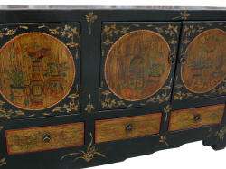 Chinese Black Yellow Flowers Drawings Low Bench Table Cabinet 