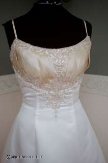 Bonny 549 Ivory Satin w/ Taupe Taffeta Beaded Wedding Dress NWOT 