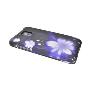 For LG T Mobile G2X Purple Flowers Black Rubber Protective Hard Shell 