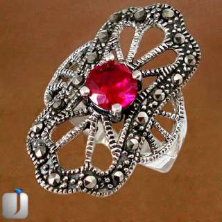   MARCASITE RED RUBY 925 STERLING SILVER SOLITAIRE ARTISAN RING P3852